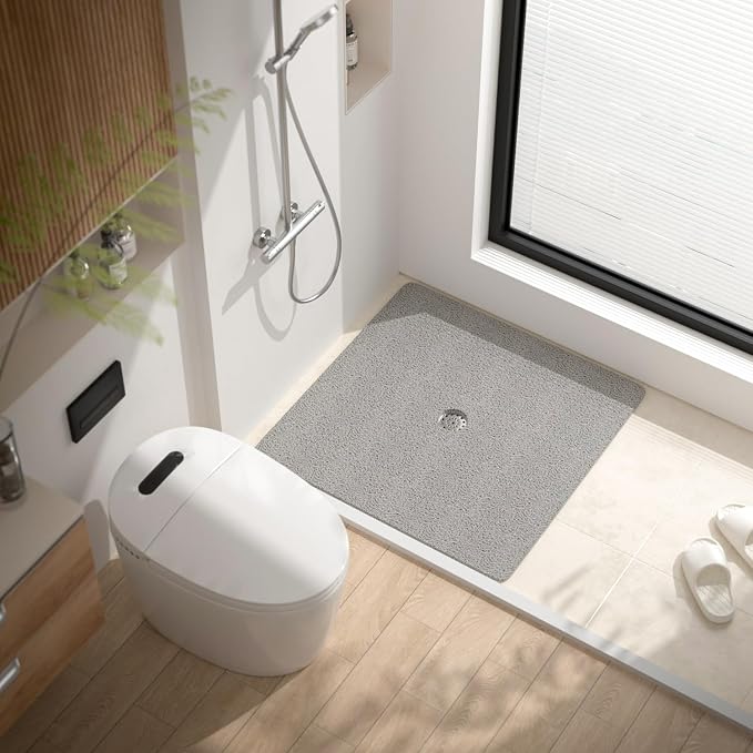 HITSLAM Square Shower Mat, 36 x 36 Inch Non Slip Bath Mat for Tub, Soft PVC Loofah Bathtub Mats with Drain Holes, Quick Drying Bathroom Stall Floor Mat, Bathroom Accessories Without Suction Cup, Grey