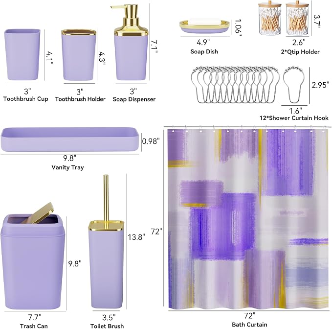 XLHOMO Purple Bathroom Accessories Set, Bathroom Sets with Shower Curtain, Purple Bathroom Accessories with Trash Can, Soap Dispenser, Soap Dish, Toilet Brush Holder, Qtip Holders for Bathroom