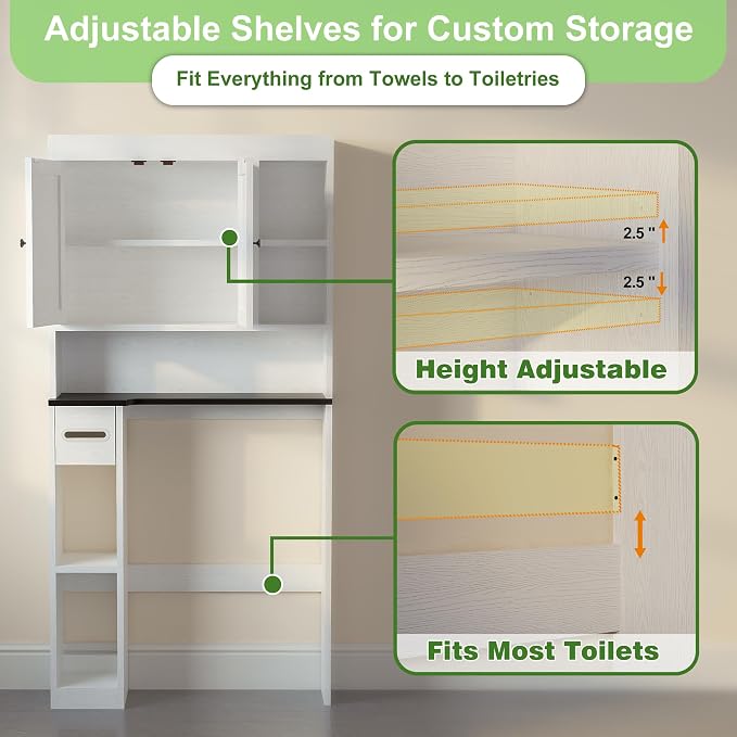 Over The Toilet Storage Cabinet with 7 Shelves, Imitation Walnut Grain Above Toilet Bathroom Organizer with Toilet Paper Holder Stand, Space Saver for Restroom, Laundry, Bathroom (White)