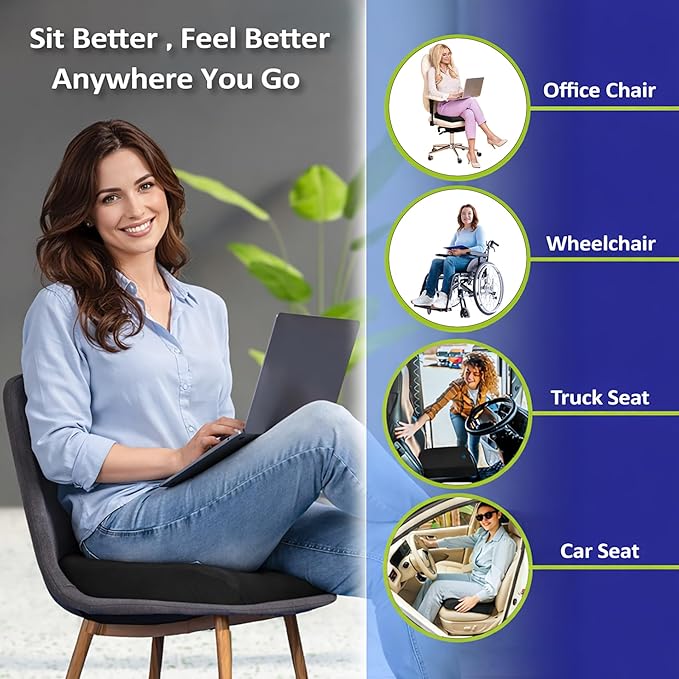 Memory Foam Seat Cushion, Ergonomic Office Chair Cushion for Back, Coccyx, Sciatica & Tailbone Pain Relief and Pressure Relief – Ideal for Car Seat, Wheelchair, Stadium & Recliner, Extra Cover (Gray)