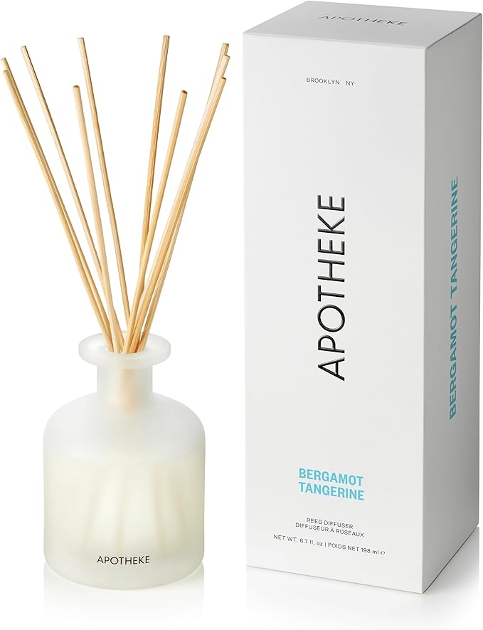 Apotheke Luxury Scented Reed Diffuser for Home, Bergamot Tangerine - 6.7 Fl Oz Essential Oil Aromatherapy - 10 Rattan Scent Sticks Room Diffuser - Long-Lasting Fragrance for Bedroom, Home, Bathroom