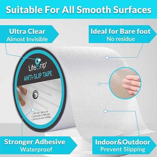 LifeGrip Anti Slip Transparent Anti Slip Tape, 6 inch by 38 feet, Non-Slip Traction Grip Tape to Tubs, Boats, Stairs, Clear, Soft, Comfortable for Bare feet (6" X 38')