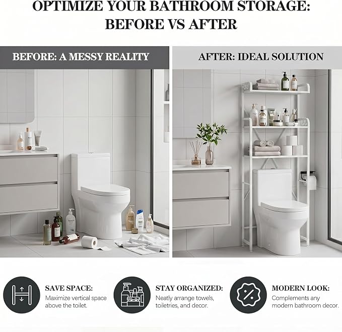 Over The Toilet Storage Cabinet, 3-Tier Bathroom Organizers and Storage with Hooks, Freestanding Shelf Toilet Rack, Small Bathroom Laundry Space Saver with Towel Rack & Toilet Paper Holder(White)