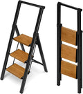 Taranta 3 Step Ladder, Portable Folding Ladder with Wide Pedal,Lightweight Aluminum Step Stool with Convenient Handgrip,330 lbs Capacity Stepladder for Home, Office-BlackWoodgrain