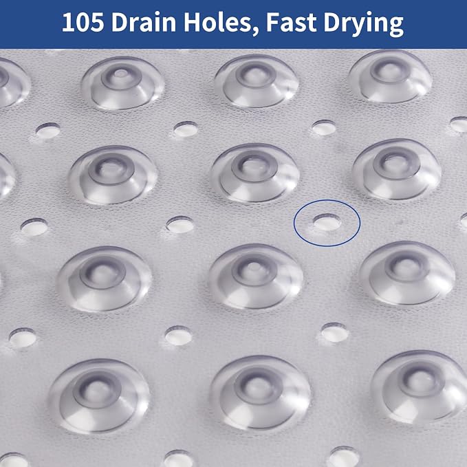 Non Slip Bath Mat, Quick-Dry Bathtub Mat with Strong Suction Cups & Drain Holes, Soft PVC Bathroom Mat for Smooth Surfaces, Machine Washable, 27.5x15 Inches, Grey