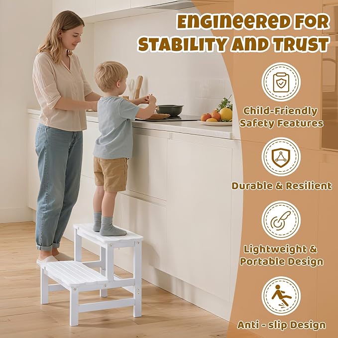 COSYLAND Step Stool for Toddlers - Two Step Stools Toddler 300 lbs Capacity with Safety Non-Slip Design, Natural Step Stool for Bathroom, Kitchen Dual Height Step Stools for Kids White