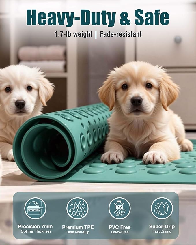 Non Slip TPE Bath Mat, Heavy Non Floating Shower Mat, 28x16, Green | Strong grip, 166 suctions, 144 drains, 7mm extra-thick cushioned layer, washable, for bathroom shower tub floor