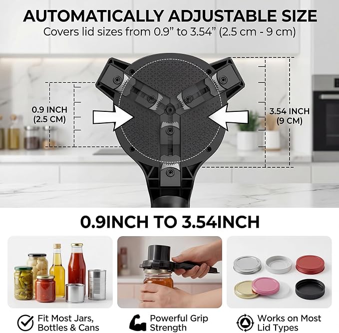 Electric Jar Opener for Seniors with Arthritis, TFCC & Weak Hands, Patented Power-Grip Auto-Tighten Manual Lid Opener, Rechargeable 2-in-1 Jar & Bottle Opener with Storage Hook & Non-Slip Pad(Black)