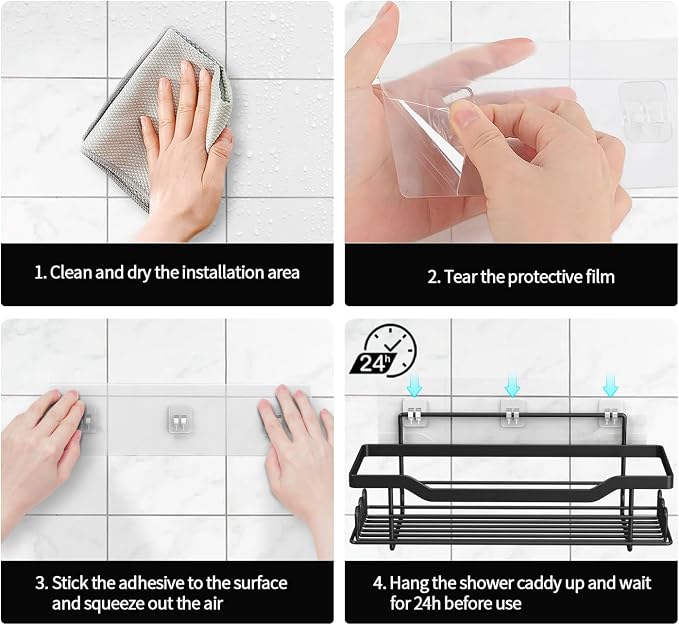 Shower Caddy Shelves Organizer, 3 Pack with Soap Holder, No Drilling Wall Mounted Self Adhesive Shelves, Matte Black