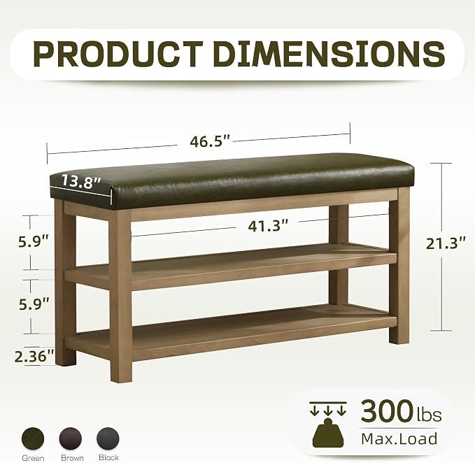 Zihanhome Shoe Rack Bench with Leather Cushion, 2 Tier Solid Wood Storage Bench, Mid-Century Modern Shoe Bench for Entryway, Hallway, Closet, Front Door Entrance, Foyer (Green, 46.5)