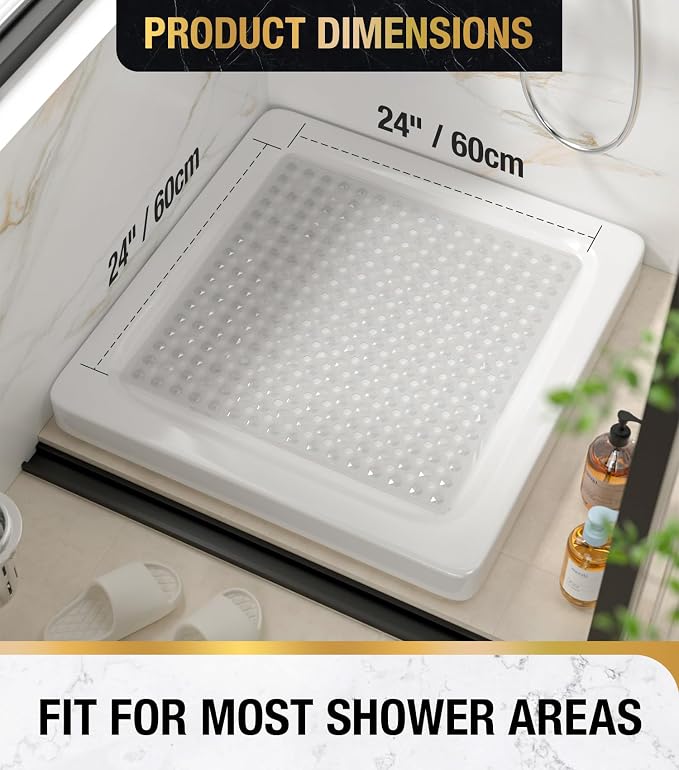 HITSLAM Shower Mat Anti Slip, Square Bath Mat for Tub Non Slip with Suction Cups and Drain Holes, 24x24 Inch Bathroom Shower Stall Floor Mat, Machine Washable, Soft on Feet, Clear
