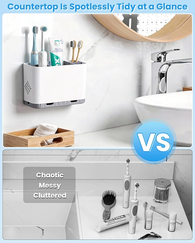 Toothbrush and Toothpaste Holders for Bathrooms Countertop - Detachable 5 Slots Kids Electric Toothbrush Holders Set Wall Mounted with Removable Dividers for Bathroom Decor and Accessories Organizer