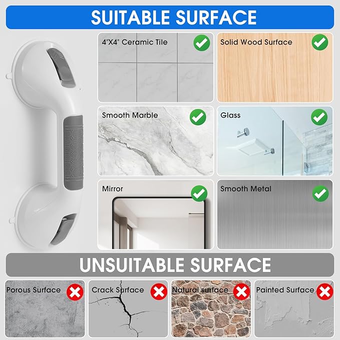 Suction Grab Bar with Safety Indicator for Bathtub Shower Bathroom, Heavy Duty Handrail Removable Reusable for Elderly Disabled and Kids, Anti-Slip Grip, No Drilling Tool Free, Waterproof Grey