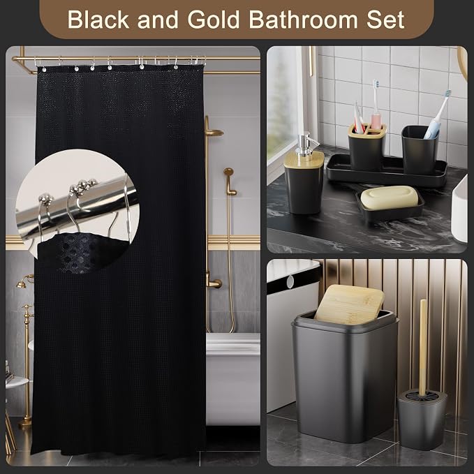 XLHOMO 24PCS Bathroom Sets with Shower Curtain and Rugs,Black Bathroom Accessories Set Waterproof Black and White Shower Curtain Set, Toilet Brush, Trash Can & Bathroom Rug