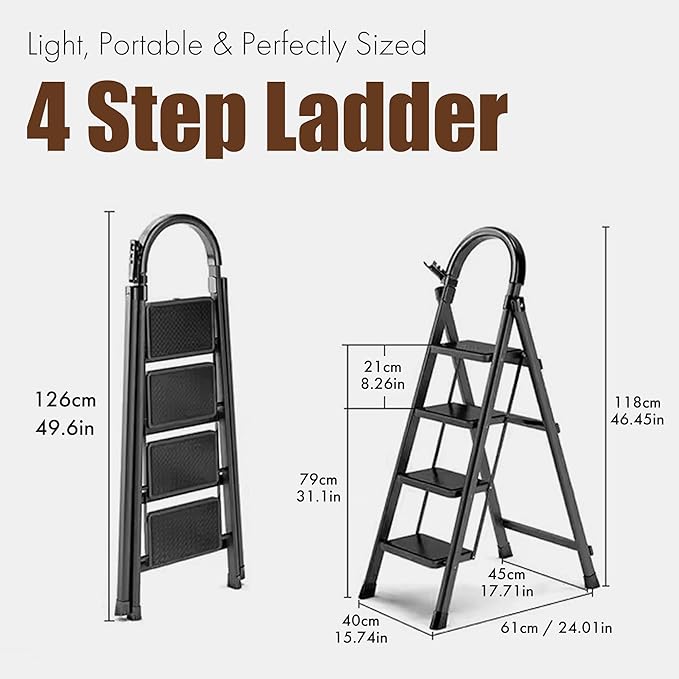 Folding Step Ladder, 4-Step Multi-Functional Alloy Ladder, Heavy Duty Metal, Wide Pedals, Anti-Slip, Collapsible to 5cm, with Tool Rack & Sponge Handrail for Home, Indoor & Engineering Use