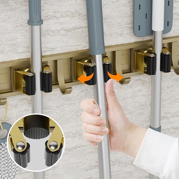 reliahom Broom Holder Wall Mount, 4 Racks with 5 Hooks Bronze - Mop Storage Tool Racks, Broom Hanger Tool Organizer for Garage, Kitchen, Garden, Laundry Room