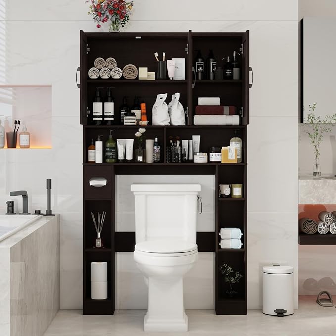 Over The Toilet Storage Cabinet, Farmhouse Toilet Cabinet Rack with 3 Barn Doors, Space Saving Bathroom Organizer with Shelves, Toilet Paper Holder and Towel Rack for Bathroom,Restroom.(Walnut).