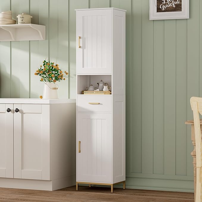 Homhedy 67" H Bathroom Storage Cabinet, Tall Storage Cabinet with Adjustable Shelves, Freestanding Cabinet with Doors and Drawer, Narrow Cabinet for Bathroom, Living Room, Kitchen, Dining Room, White