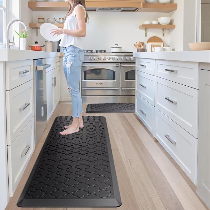Kitchen Mats for Floor 2 Piece - Anti Fatigue Mats for Kitchen Floor - Non Slip Cushioned Rugs for Standing, Office, Sink, Laundry, Black