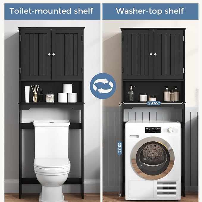 DUMOS Over the Toilet Storage Cabinet, Bathroom Storage Cabinet Over Toilets with Double Doors and Adjustable Shelf, Freestanding Toilet Rack for Bathroom, Black