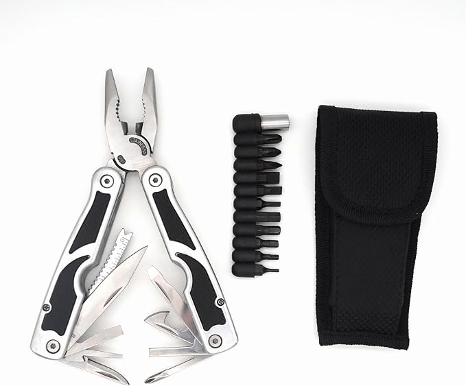 PLB027 stainless steel multi-function plier. 27 functions with knife, fish scaler, screwdrivers, can and bottle opener, 11 bits and 1 socket. Hand size and easy to carry and use indoor, outdoor