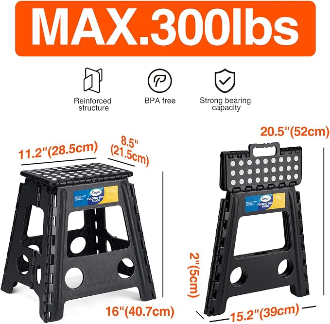 Korpai 16" Folding Step Stool for Adults and Kids Holds Up to 300 lbs,Non-Slip Folding Stools with Portable Handle, Compact Plastic Foldable Step Stool for Bathroom,Bedroom, Kitchen, Black,1PC