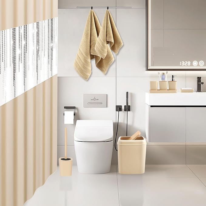 Beige Bathroom Accessories Set with Sequin Shower Curtain Beige Bathroom Decor with Trash Can,Toothbrush Holder, Toothbrush Cup,Soap Dispenser, Tray, Soap Dish,Toilet Brush