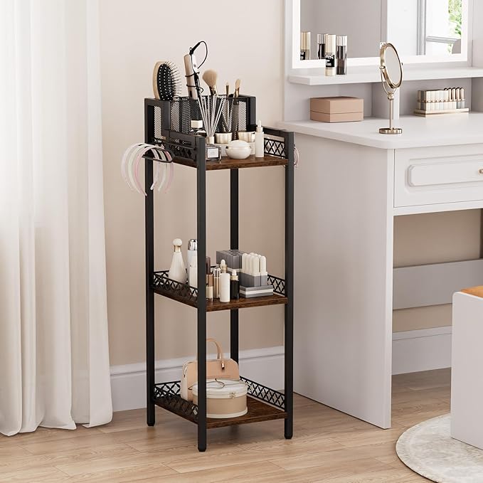 Bathroom Storage and Organizer Shelf Hair Dryer Holder, 9.85in 3-Tier Narrow Metal Standing Rack with Toilet Paper Holder, Corner Stand for Cosmetic, Vanity, Kitchen, Laundry Rustic Brown
