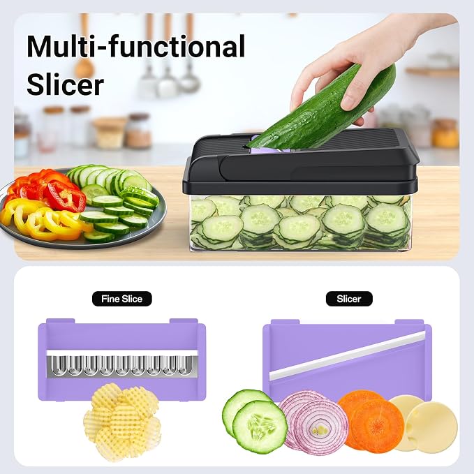 SpaceHacks 15-in-1 Vegetable Chopper, Kitchen Gadgets with 10 Blades, Veggie, Food, Onion Chopper, Cucumber Slicer, Versatile Mandoline, Includes Egg Separator & Finger Guard, Purple