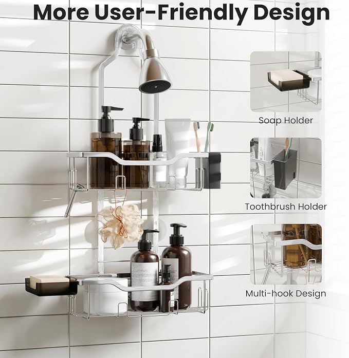 Shower Caddy Hanging 2-Tier Shower Organizer for Tall Showerhead,Rustproof Over Shower Head Rack,No Drill Bathroom Shower Caddy with Soap Dish,Toothbrush Holder and Hooks,Silver
