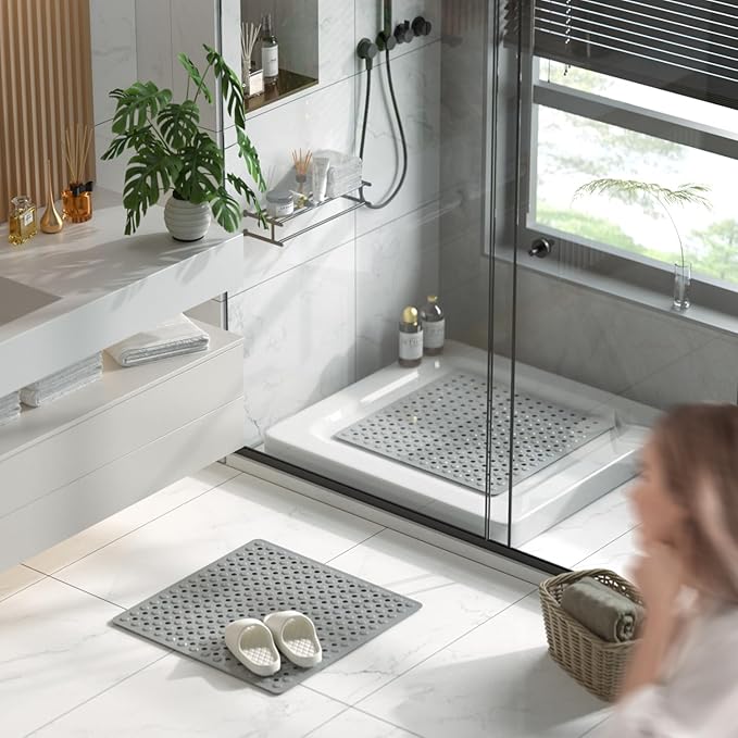 HITSLAM Shower Mat Anti Slip, Square Bath Mat for Tub Non Slip with Suction Cups and Drain Holes, 21x21 Inch Bathroom Shower Stall Floor Mat, Machine Washable, Soft on Feet, Grey