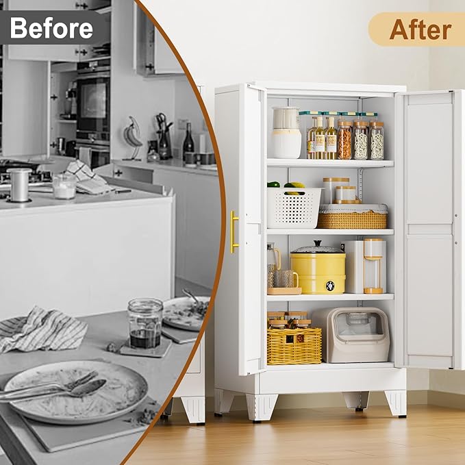 47" White Metal Garage Storage Cabinet with 2 Doors and 3 Adjustable Shelves,Kitchen Pantry Cabinet,File Cabinet,Steel Tool Cabinet for Home,Office,Garage,School,Warehouse