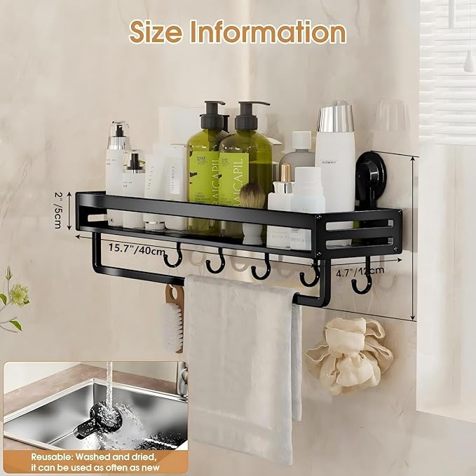 Suction Cup Shower Caddy, 15.7 inch Extended Version, with 5 Hooks & Towel Rrack, No Drilling Required, Rust-Resistant Bathroom Shower Organizer, Black