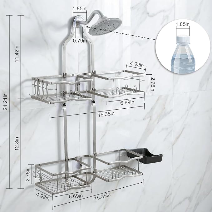 Shower Caddy Hanging Organizer, Rustproof Shower Organizer Hanging for Handheld Showerhead with Hooks for Razor/Sponge, Bathroom Caddy Rack Shower Shelves for Shampoo Soap Towels, Silver