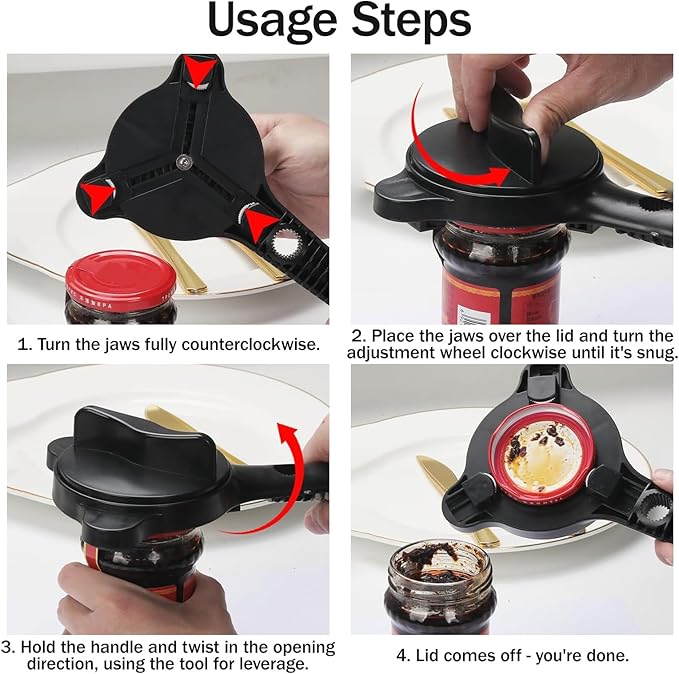 Adjustable Jar Opener for Weak Hands, 4-in-1 Multi-Function Manual Bottle Opener and Corkscrew Set for Seniors with Arthritis, Universal Lid Gripper Kitchen Gadget for All Jar Sizes (Black)