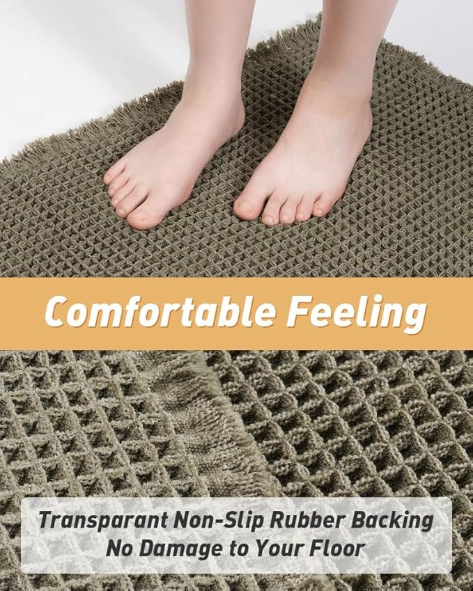 AMOAMI Upgraded Waffle Runner Rug, Super Absorbent Non Slip Bath Mats for Bathroom Floor, Washable Bathroom Runner Rug with Tassels, Ideal for Hallway Bedroom Laundry Room, Green, 2'x 4'(24" x 48")