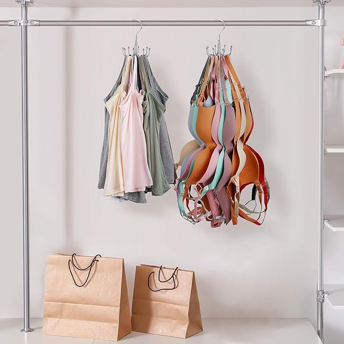 ZEDODIER Tank Top Hanger, 2 Pack Rotatable Bra Organzier for Closet, Max 48 Storage Capacity Sport Bras Holder, Metal Space Saving Closet Organizers and Storage, Silver