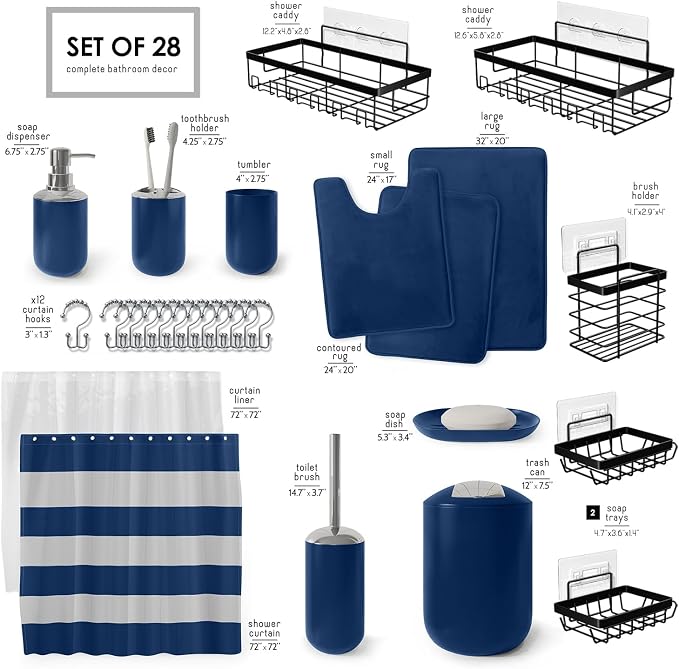 Clara Clark Bathroom Accessories Set - 28PC Bathroom Set with Adhesive Corner Shower Caddy Hanging, Bathroom Sets with Shower Curtain and Rugs, Navy Shower Curtain Set with Bathroom Trash Can