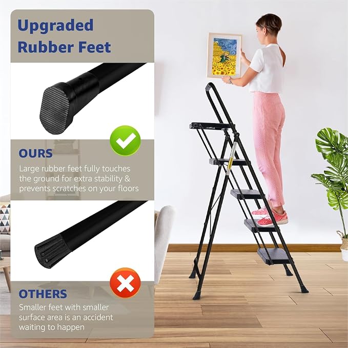 4-Step Ladder with Wide Anti-Slip Platform & Thick Rubber Feet | Heavy Duty Foldable & Portable | 330 lbs Capacity, Steel Frame, Rubber Handgrip, Folding Step Stool