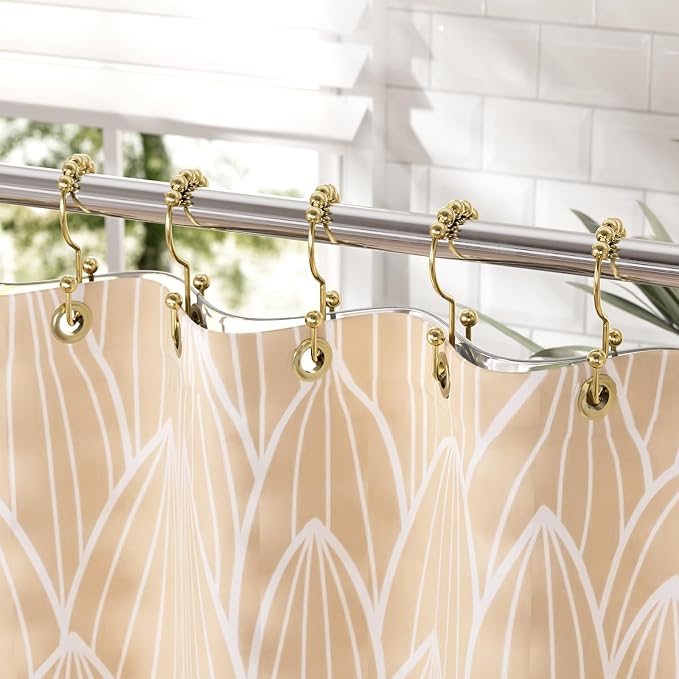 Amazer Gold Shower Curtain Hooks Rings, Stainless Steel Shower Curtain Rings, 12Pcs Double Glide Shower Hooks for Bathroom Shower Curtain Rods Dual Rust-Resistant Shower Rings