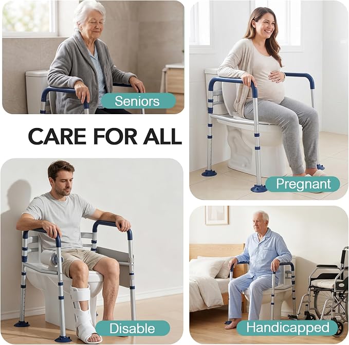 HOMENURSE Toilet Safety Rails for Seniors (350 lb), Adjustable Height & Width Toilet Safety Frame for Elderly, Disabled, Foldable Handicap Toilet Handles with Suction Cups, Fits Most Toilets