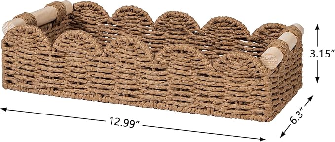 CubesLand Toilet Paper Storage Basket Organizer, Small Wicker Toilet Tank Top Decorative Baskets for Countertop, Handwoven Scalloped Basket w/handle for Home Decor, Living Room, Bedroom, Neutral