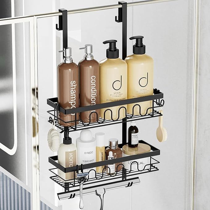 Over the Door Shower Caddy Hanging, Rustproof Hanging Shower Organizer for Glass Door, No Drilling Adjustable Shower Shelves for inside shower with 4+3 Hooks, Suitable for Kitchen/Bathroom/Balcony