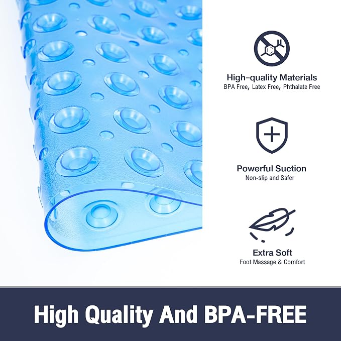 Extra Long Bathtub Mat Non Slip, Clear Blue Soft Bath Mat for Tub 40 x 16 Inch Full Size, Bath Tub Shower Mats for Bathroom Floor, Big Suction Cups and Drain Holes, Easy Washable, BPA Free