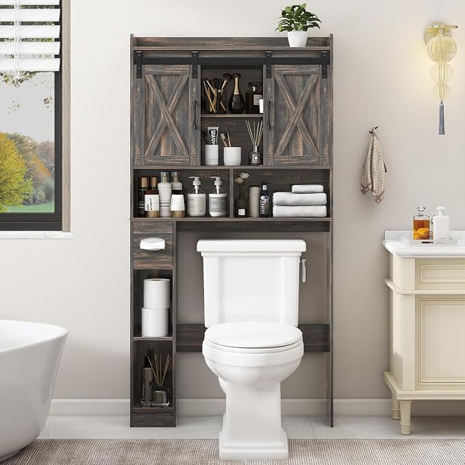 Vabches Over The Toilet Storage Cabinet, Farmhouse Storage Cabinet Over Toilet with Sliding Door& Toilet Paper Holder Stand，Home Space-Saving Toilet Rack, for Bathroom, Laundry and Restroom
