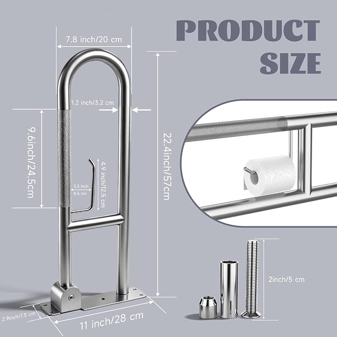 22.5 Inch Toilet Grab Bar, HUAS Chrome Anti Slip Bathroom Toilet Safety Rails, U Shaped Flip-Up Handicap Grab Bars w/Paper Holder, Stainless Steel Support Handrail for Elderly Disabled Senior