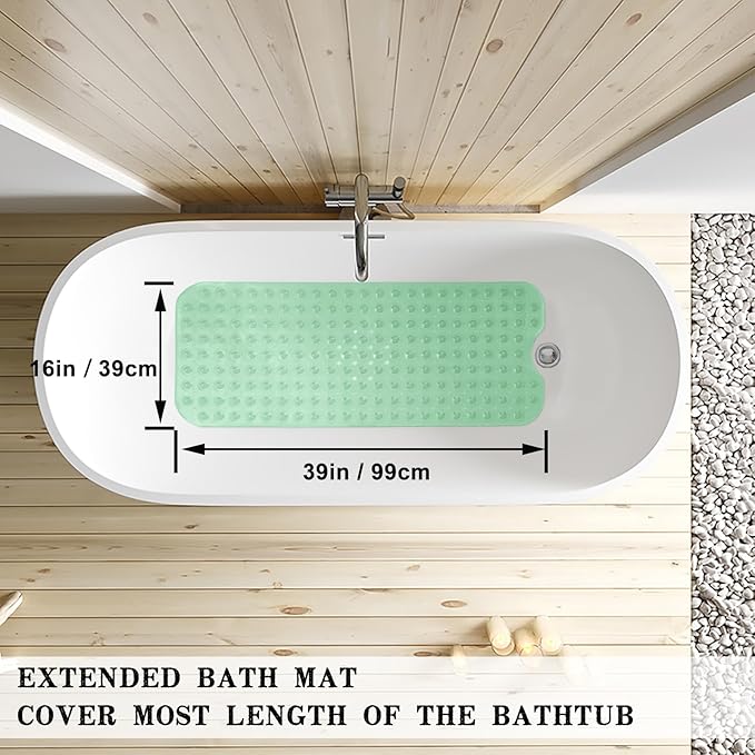Bathtub and Shower Mats, Extra Long Non-Slip Bath Tub Mat 39 x 16 Inch, Machine Washable BathMat with Suction Cups & Drain Holes for Bathroom Floor, Clear Pale Green