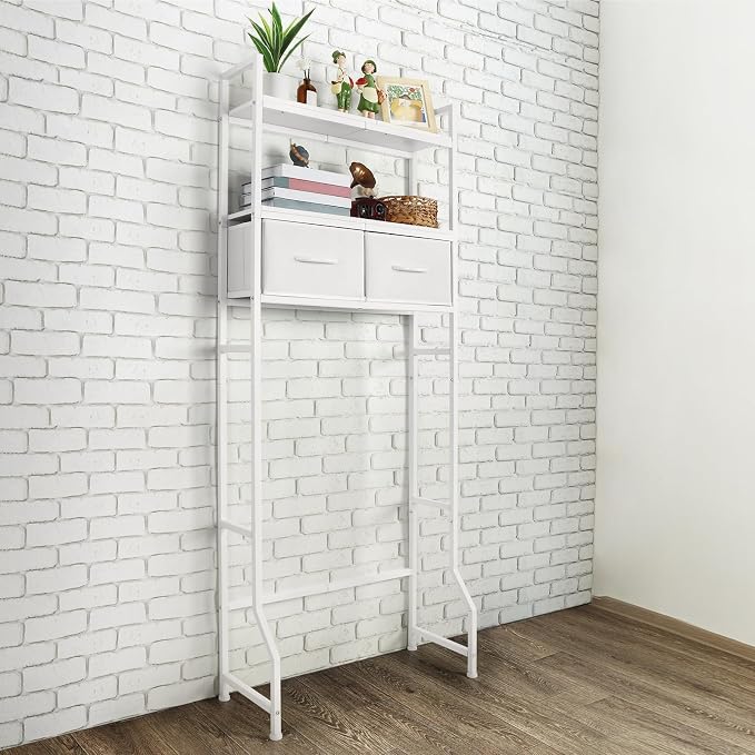 ETELI Over The Toilet Storage Cabinet with Fabric Drawers 3-Tier Over Toilet Bathroom Organizer Behind Toilet Bathroom Shelf Organizer with 4 Hooks Freestanding Bathroom Space Saver White