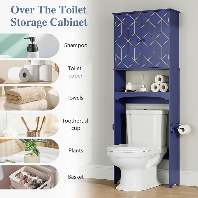 Gold Trim Over The Toilet Storage Cabinet, Double Doors Over Toilet Bathroom Organizer with Adjustable Shelves and Toilet Paper Holder, Modern Over Toilet Storage Cabinet for Bathroom (Blue)