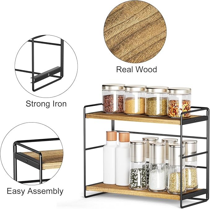 SRIWATANA 2 Pack Bathroom Counter Organizer, 2 Tier Countertop Organizers, Kitchen Counter Shelf Spice Rack Countertop Storage Wood Shelf - Carbonized Black